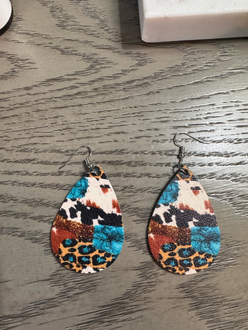 Teardrop Faux Leather Multi-Color Leopard Print Dangle Earrings New!!